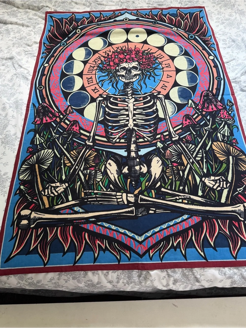 Psychedelic Skeleton & Mushroom Tapestry - Blue and Pink 0162